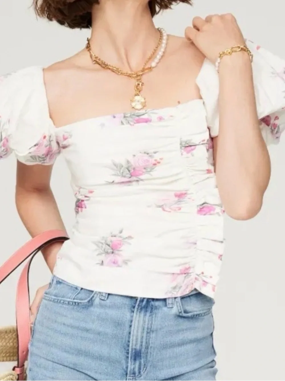 LoveShackFancy Dalima White Top Puff-Sleeve Floral Ruched Ruffled Puff 8